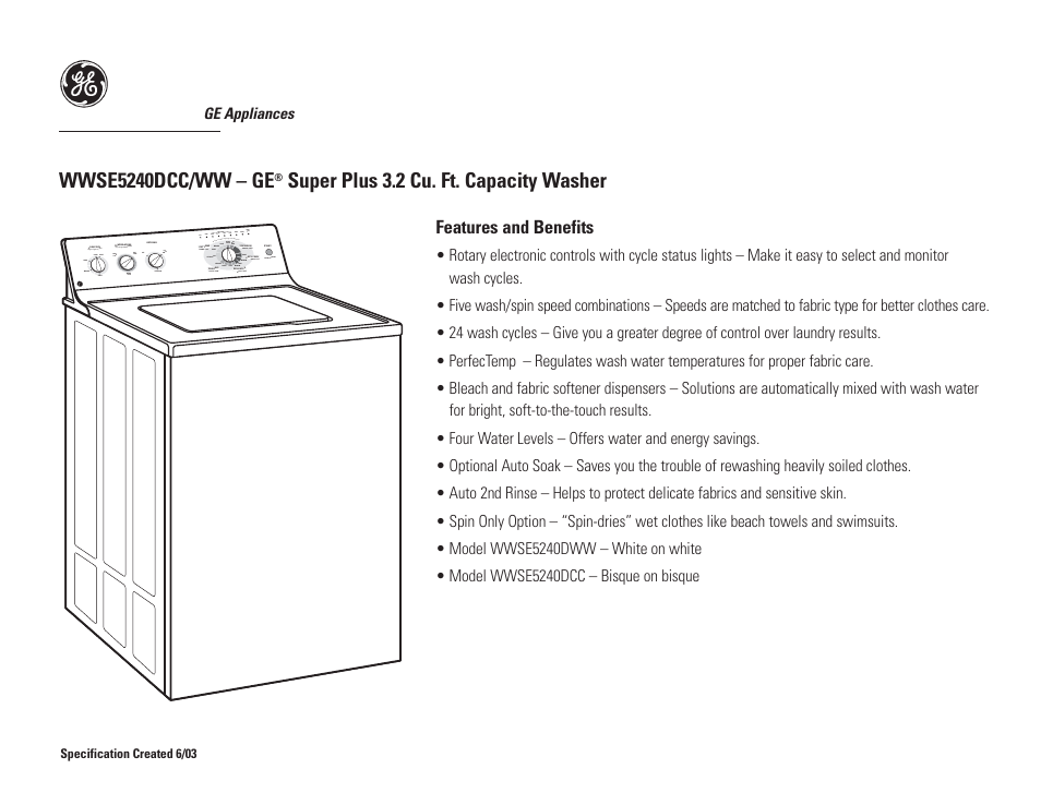 Wwse5240dcc/ww – ge, Super plus 3.2 cu. ft. capacity washer | GE WWSE5240DCC/WW User Manual | Page 2 / 2