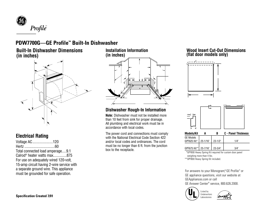 GE Profile PDW7700GWW User Manual | 2 pages