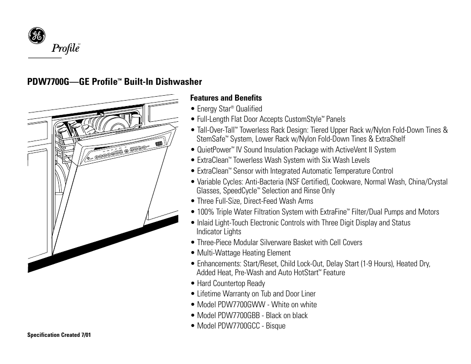 Pdw7700g—ge profile, Built-in dishwasher | GE Profile PDW7700GWW User Manual | Page 2 / 2