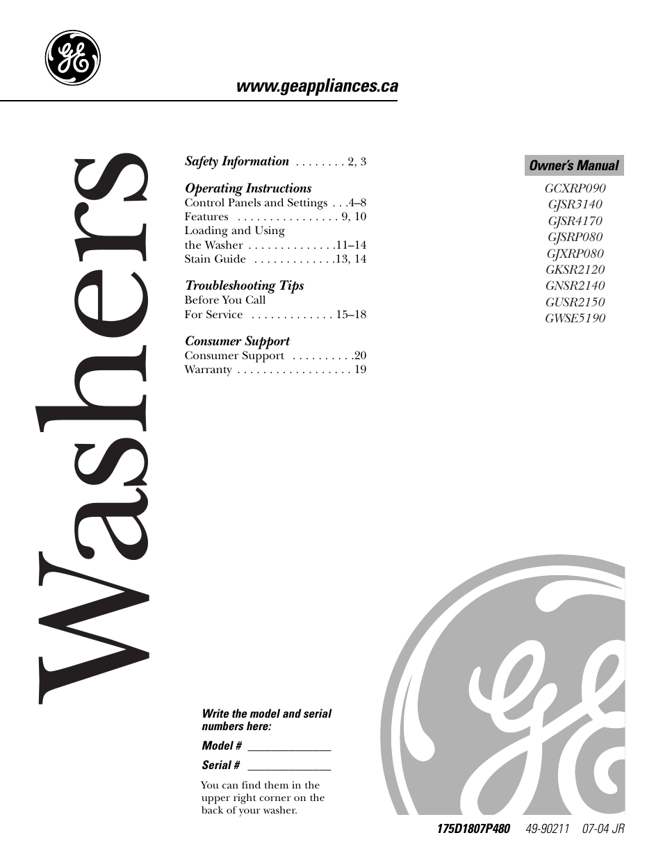 GE GNSR2140 User Manual | 20 pages