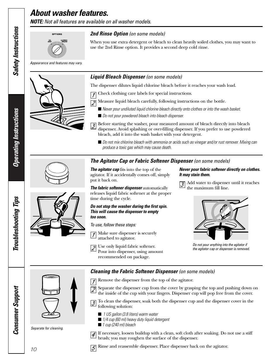 About washer features | GE GNSR2140 User Manual | Page 10 / 20