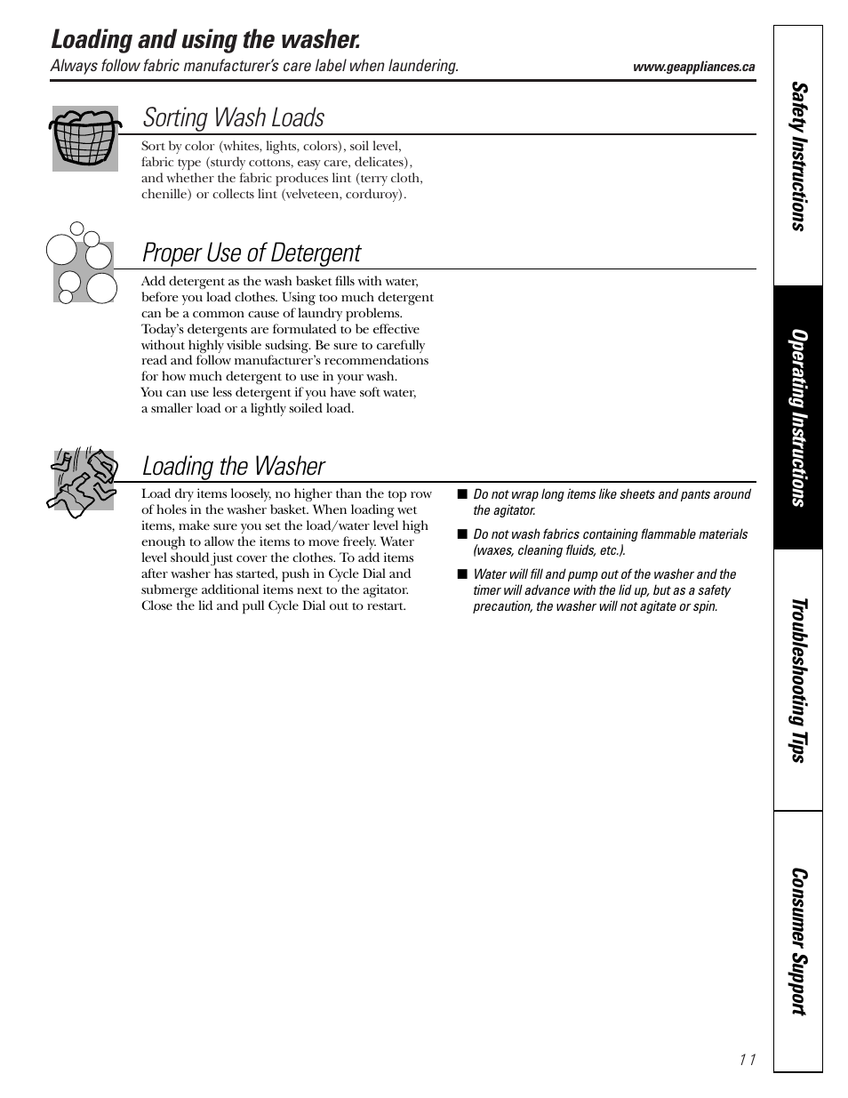 Loading and using the washer, Sorting wash loads, Proper use of detergent | Loading the washer | GE GNSR2140 User Manual | Page 11 / 20