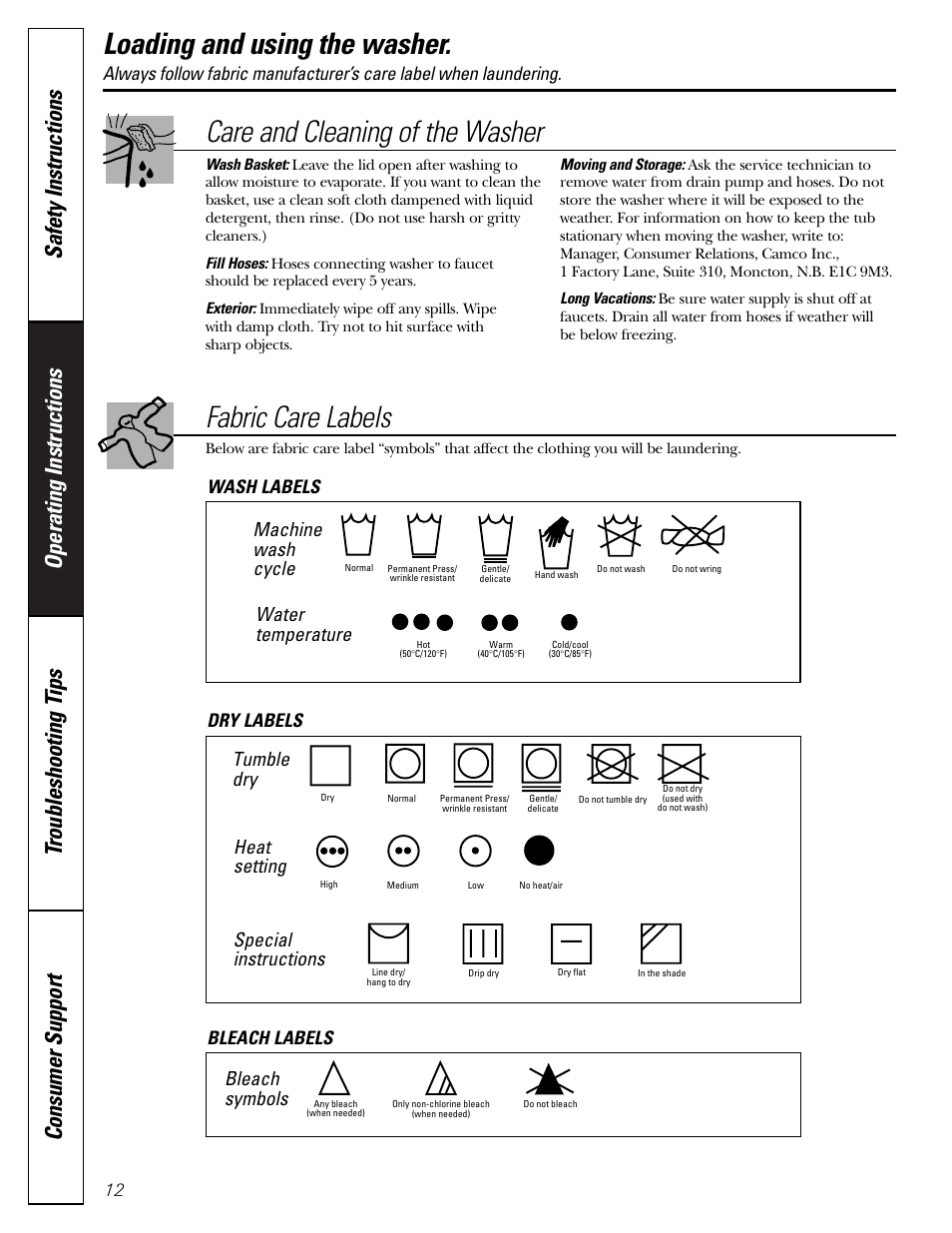 Loading and using the washer, Care and cleaning of the washer, Fabric care labels | Machine wash cycle, Water temperature, Tumble dry, Heat setting, Special instructions, Bleach symbols, Wash labels dry labels bleach labels | GE GNSR2140 User Manual | Page 12 / 20
