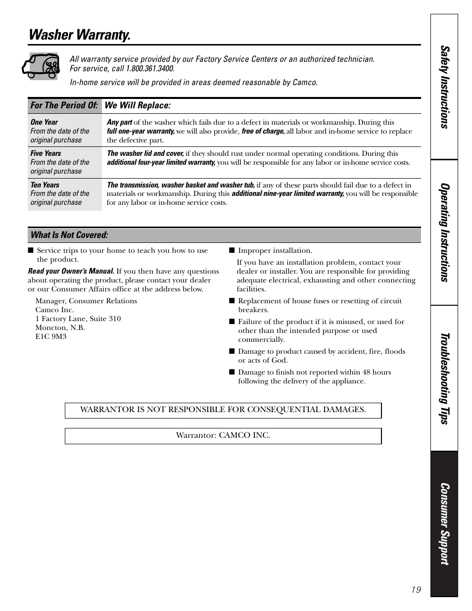 Washer warranty | GE GNSR2140 User Manual | Page 19 / 20