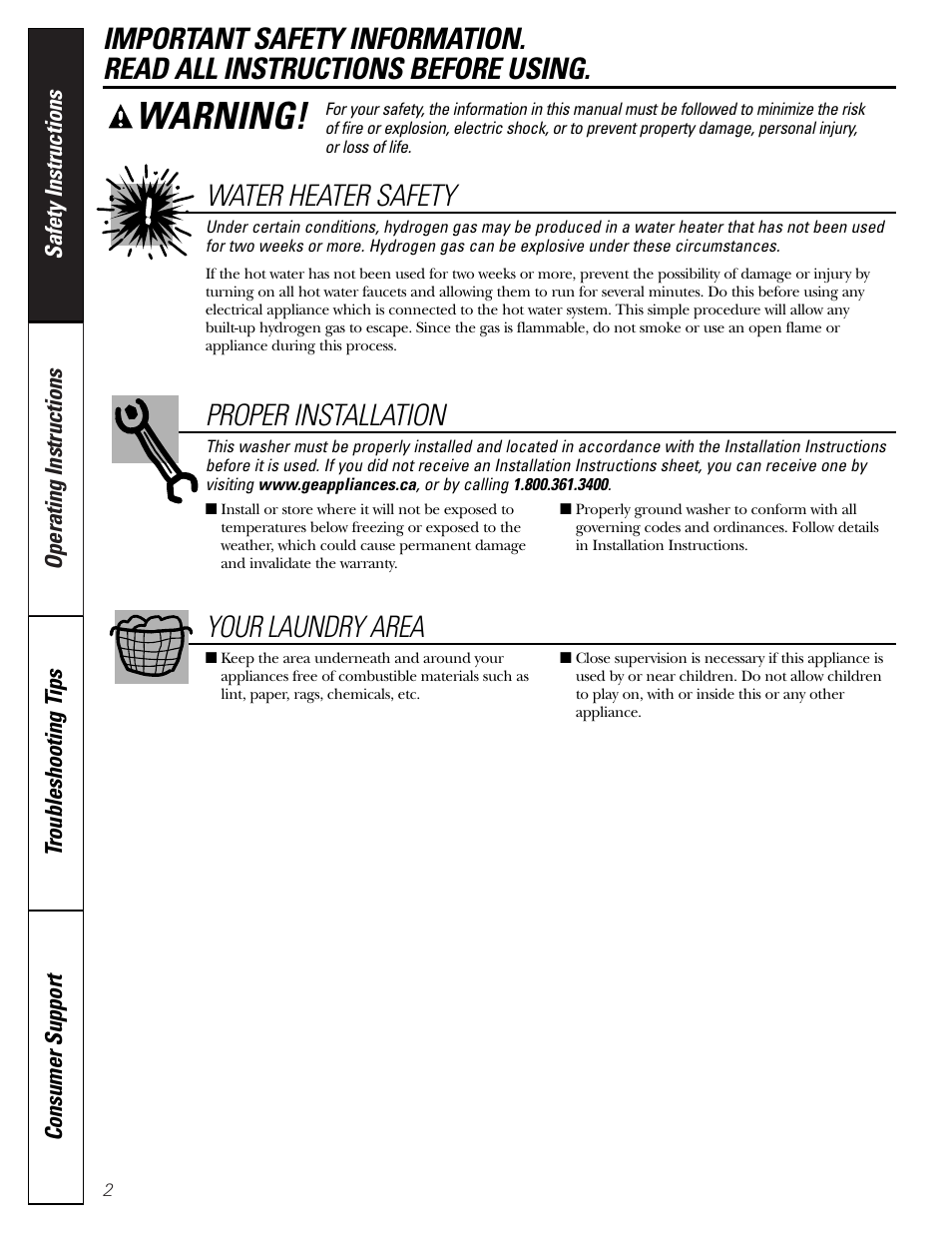 Warning, Water heater safety, Proper installation | Your laundry area | GE GNSR2140 User Manual | Page 2 / 20