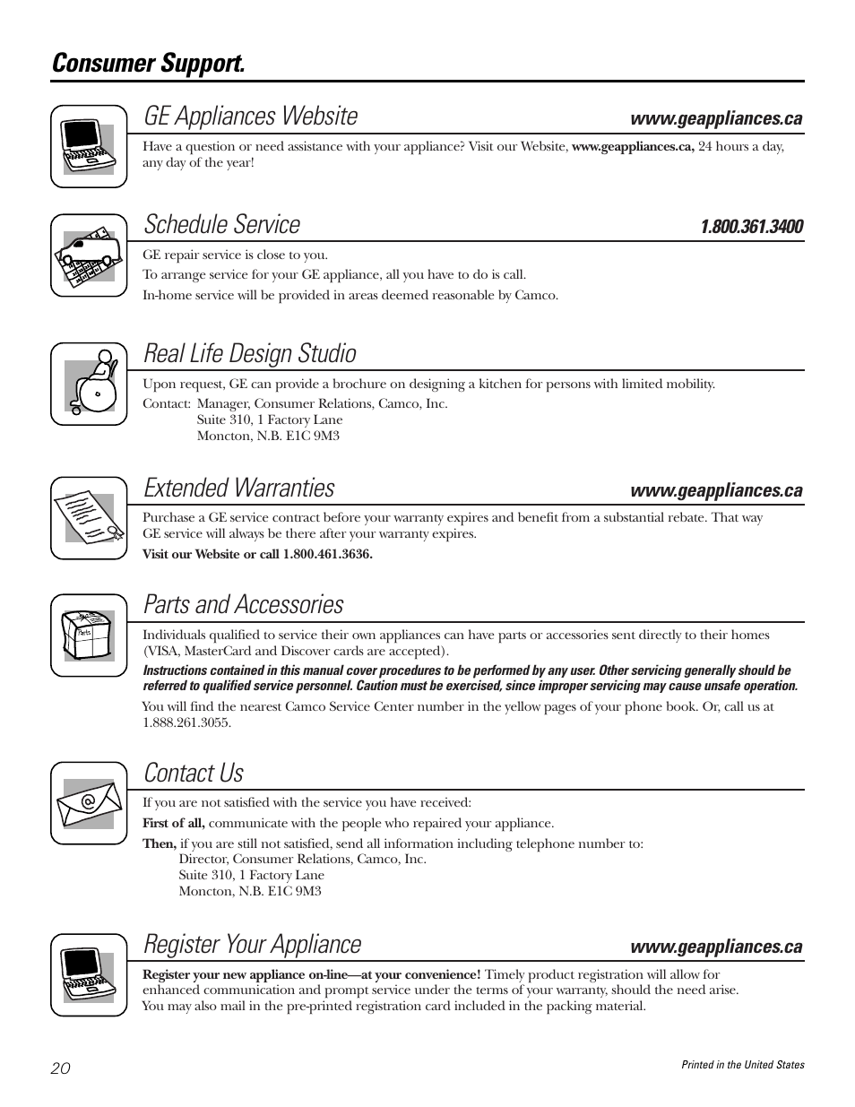 Ge appliances website, Schedule service, Real life design studio | Extended warranties, Parts and accessories, Contact us, Register your appliance, Consumer support | GE GNSR2140 User Manual | Page 20 / 20