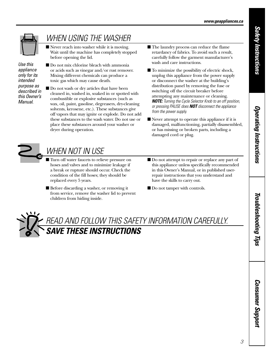 When using the washer, When not in use | GE GNSR2140 User Manual | Page 3 / 20