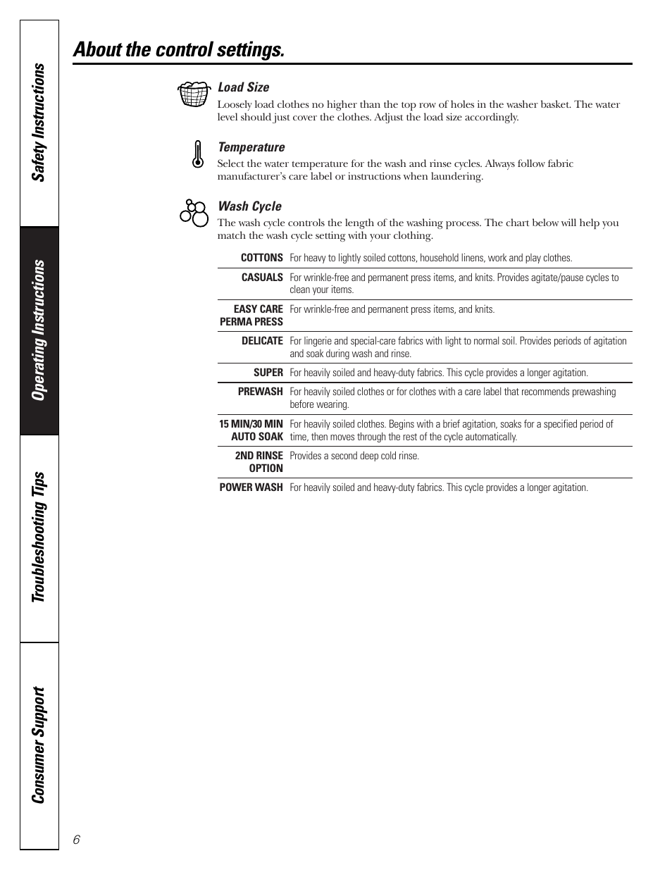 About the control settings | GE GNSR2140 User Manual | Page 6 / 20