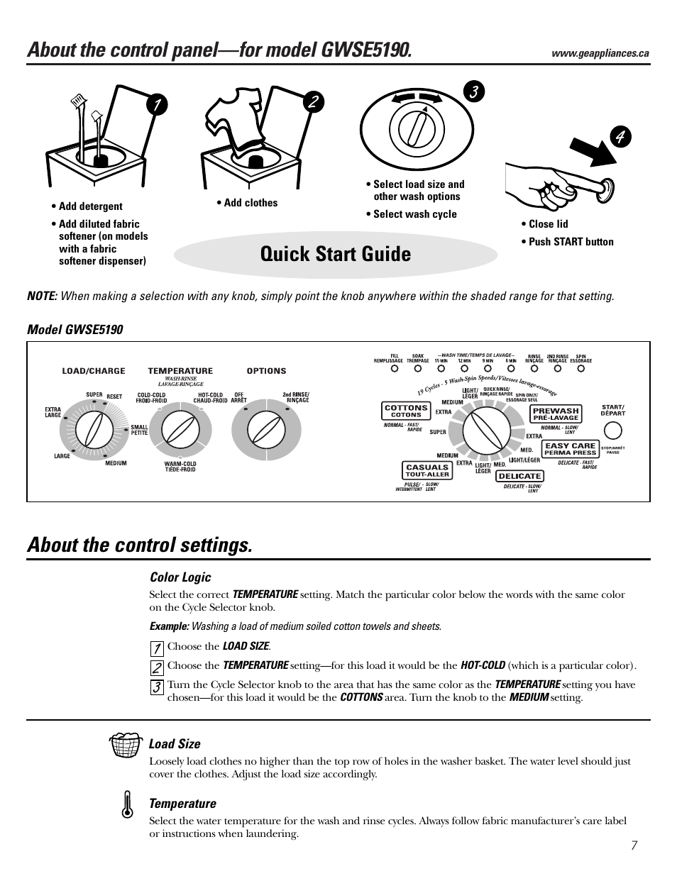About the control panel—for model gwse5190, Quick start guide, 32 1 about the control settings | GE GNSR2140 User Manual | Page 7 / 20