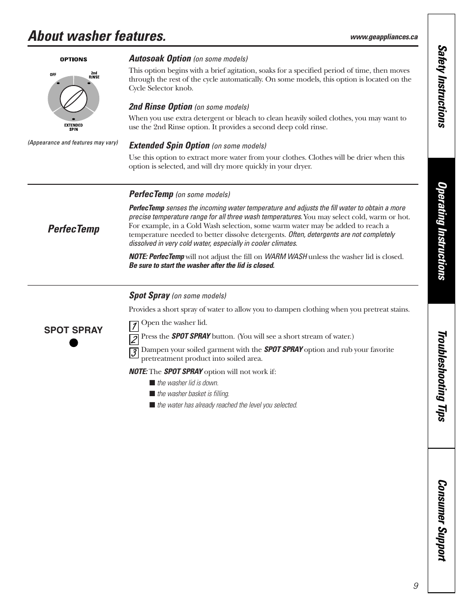 About washer features | GE GNSR2140 User Manual | Page 9 / 20