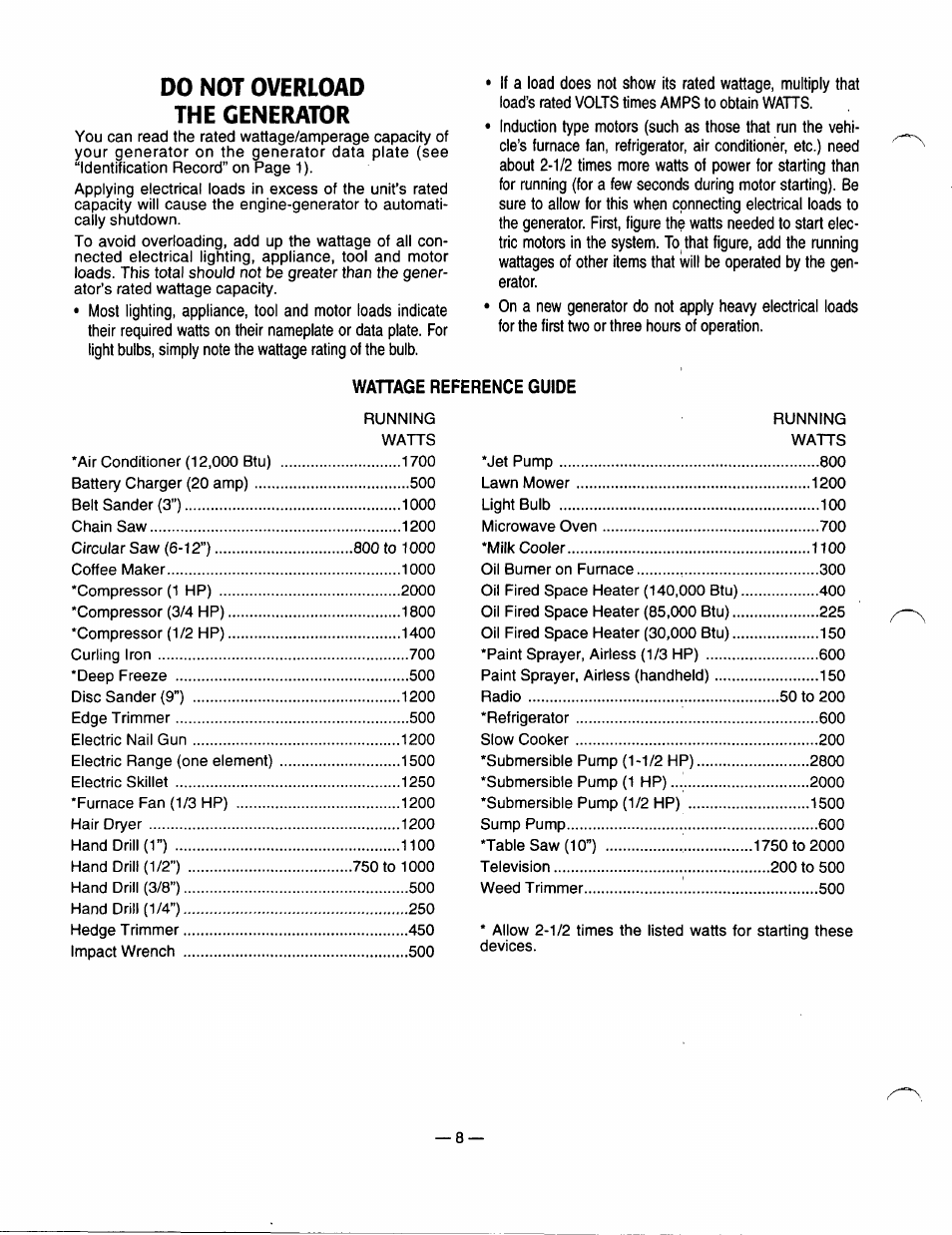 Do not overload the generator, Wahage reference guide, Don't overload the generator | Wattage reference guide | GE A4021 User Manual | Page 10 / 32