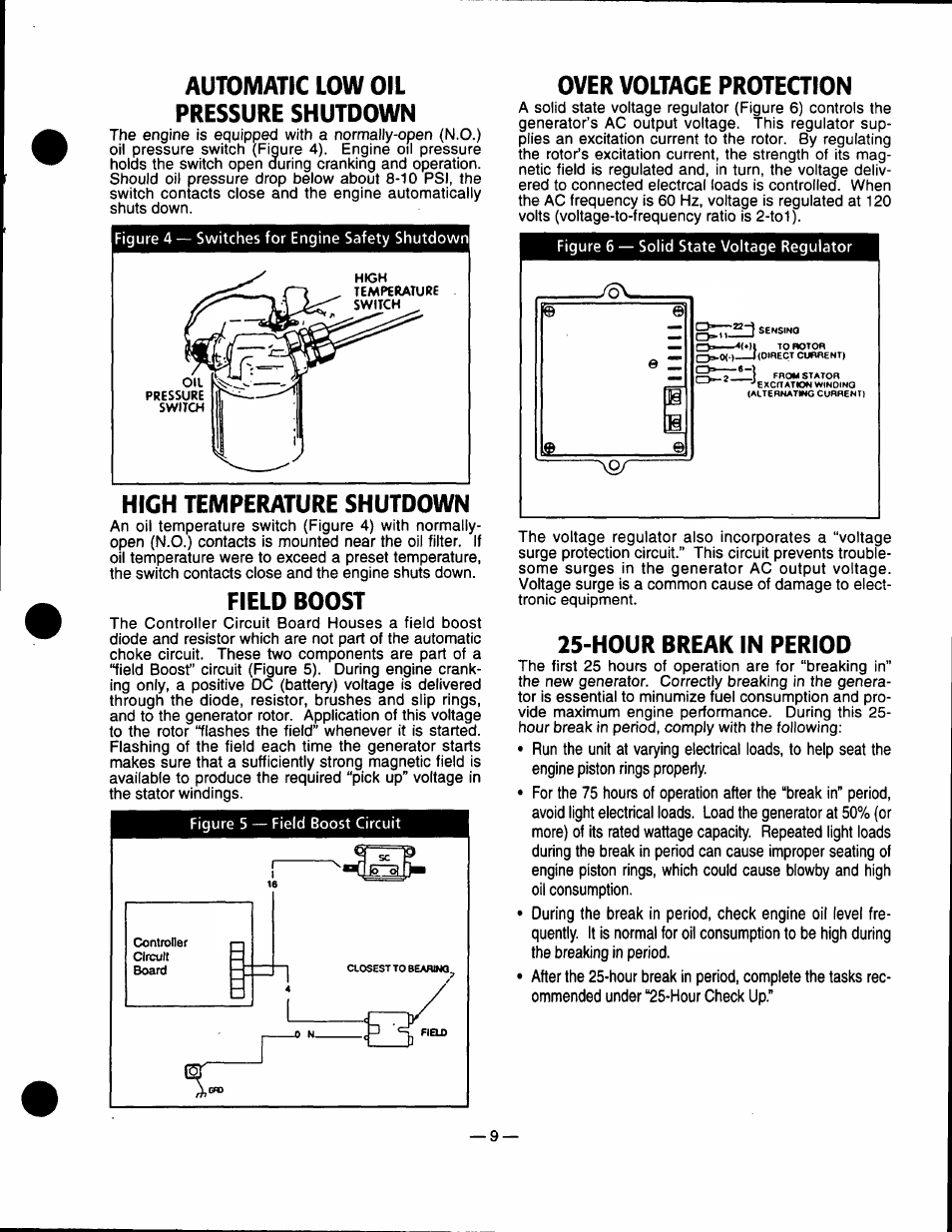 Automatic low oil pressure shutdown, High temperature shutdown, Field boost | Over voltage proteaion, Hour break in period, Over voltage protection | GE A4021 User Manual | Page 11 / 32