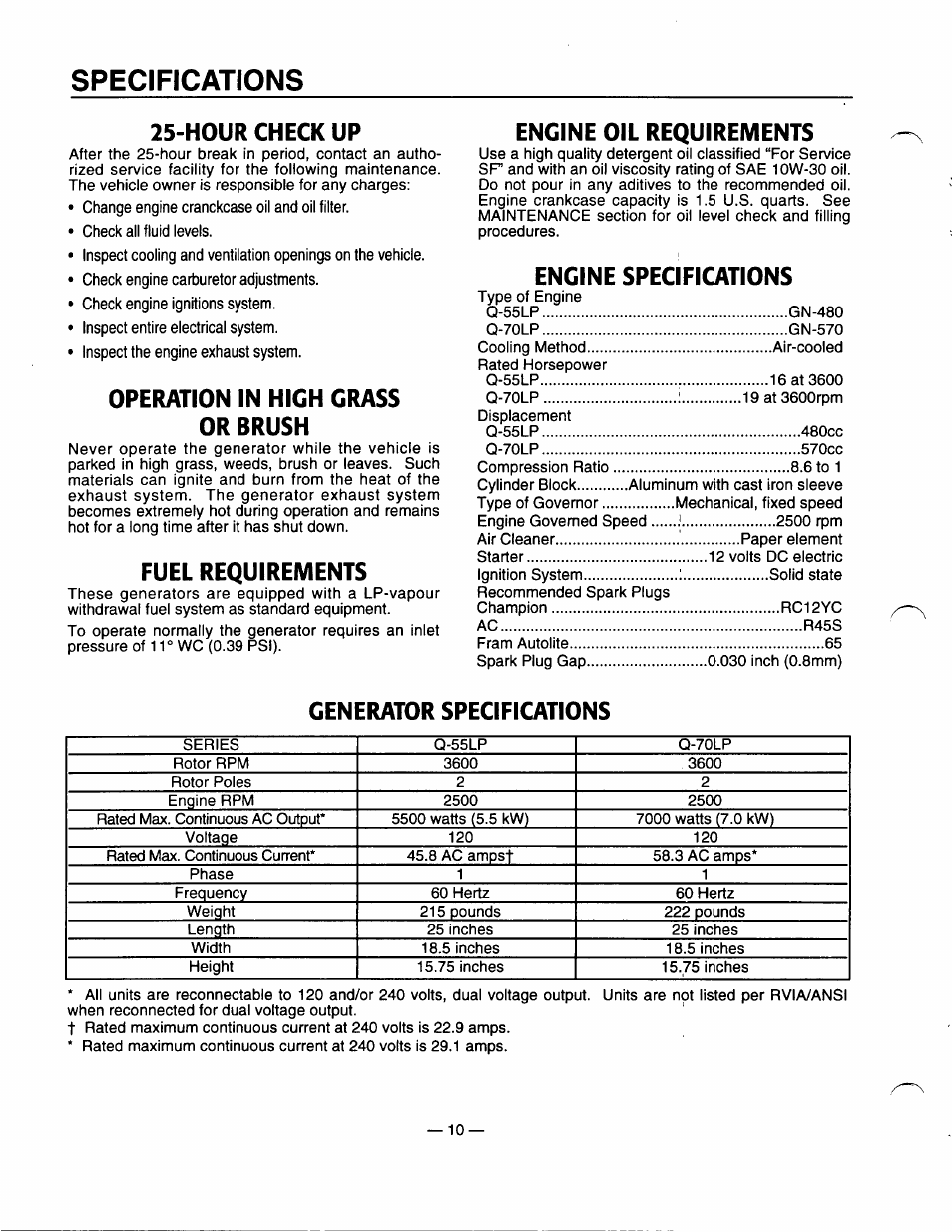 Specifications, Hour check up, Operation in high grass or brush | Fuel requirements, Engine oil requirements, Engine specifotions, Generator specifications, Engine specifications | GE A4021 User Manual | Page 12 / 32