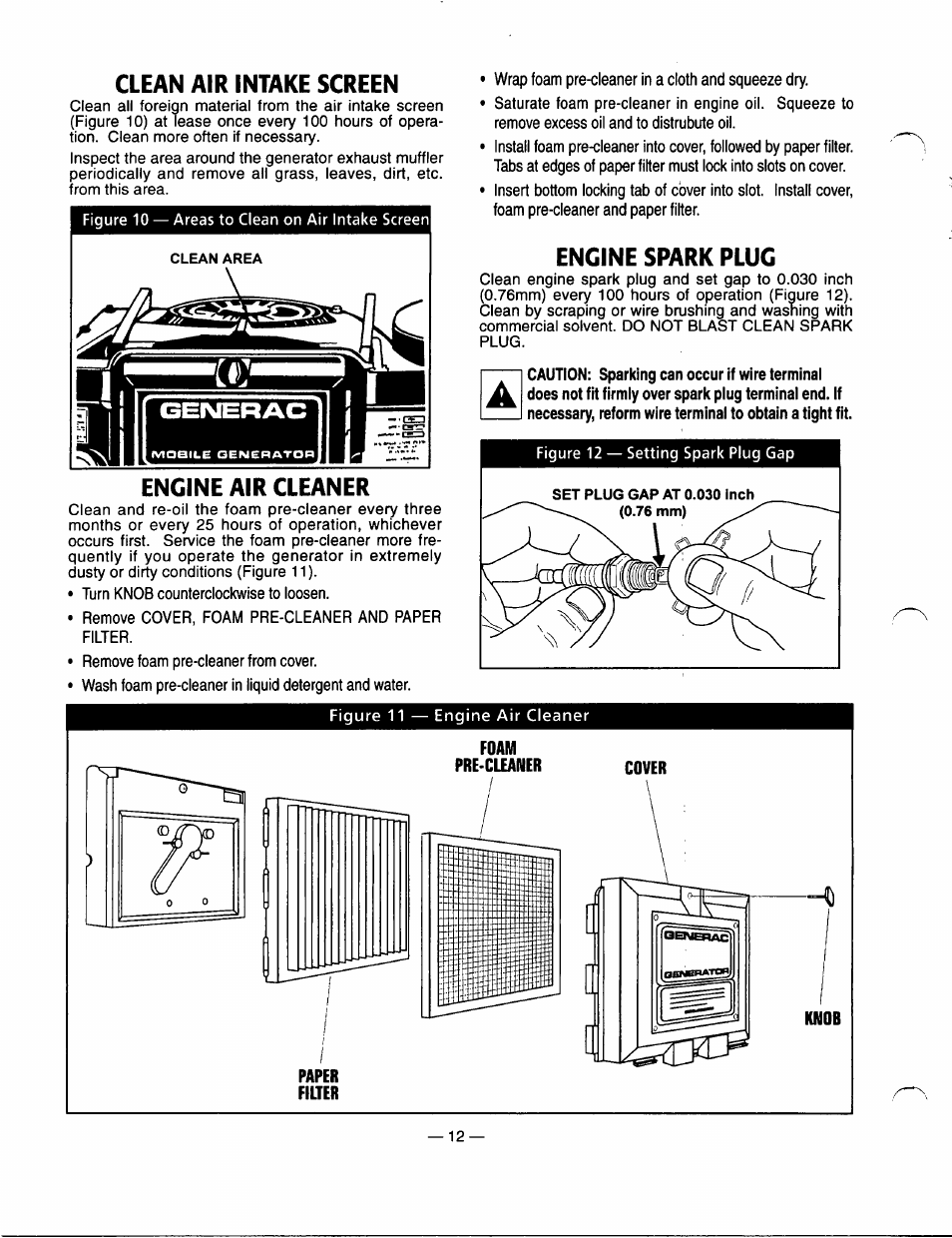 Clean air intake screen, Engine spark plug, Paper | Filter, Engine spark plugs | GE A4021 User Manual | Page 14 / 32
