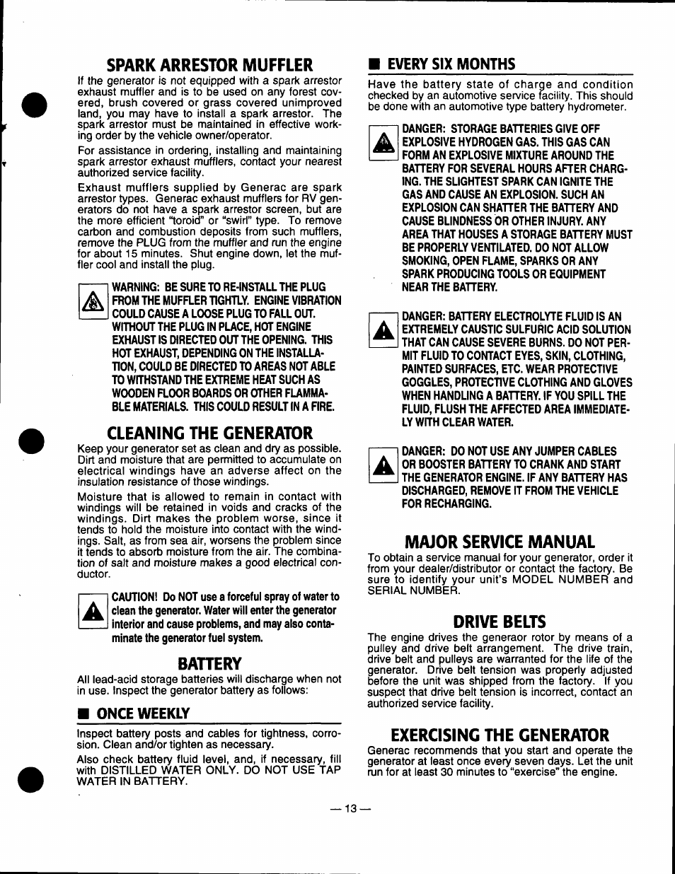 Spark arrestor muffler, Cleaning the generator, Bahery | Major service manual, Drive belts, Exercising the generator, Battery, Once weekly | GE A4021 User Manual | Page 15 / 32