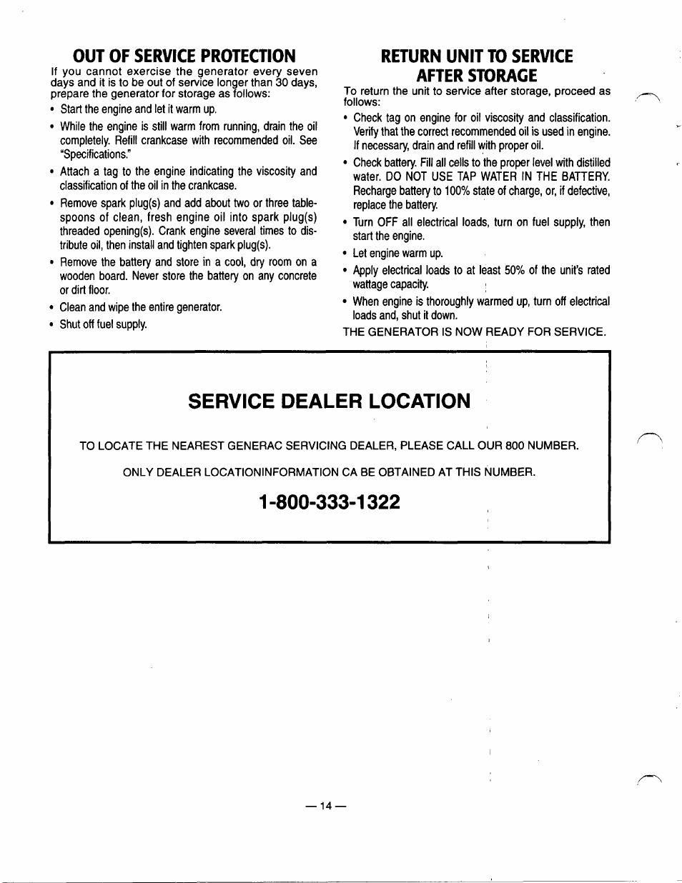 Out of service protection, Return unit to service after storage, Service dealer location | Return the unit to service after,storage | GE A4021 User Manual | Page 16 / 32