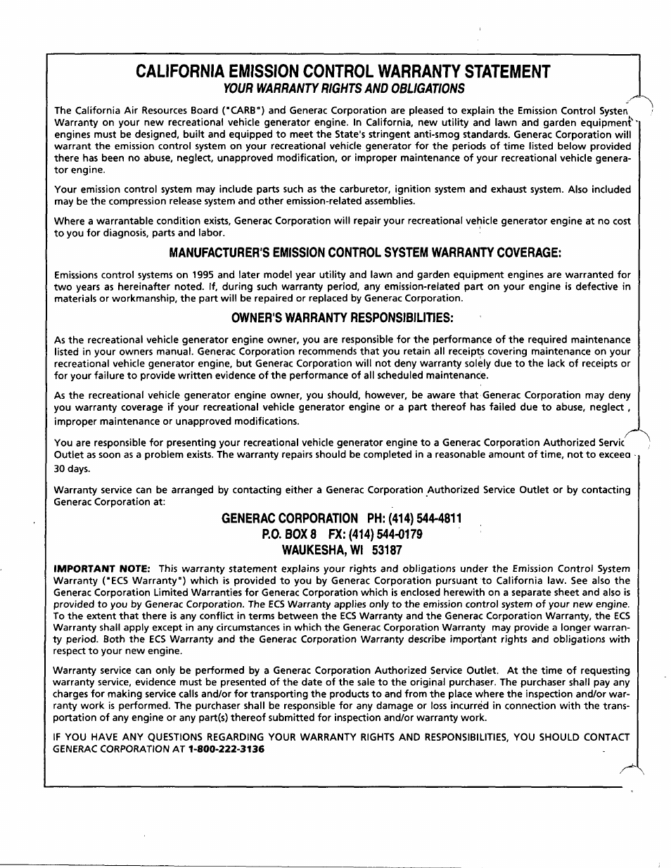 California emission control warranty statement, Owner's warranty responsibilities | GE A4021 User Manual | Page 30 / 32