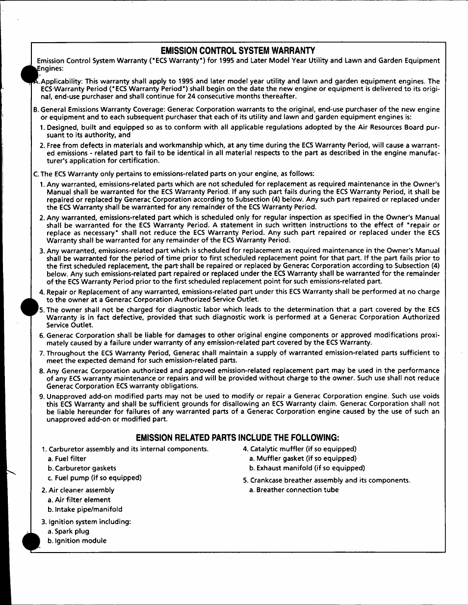 Emission control system warranty, Emission related parts include the following | GE A4021 User Manual | Page 31 / 32