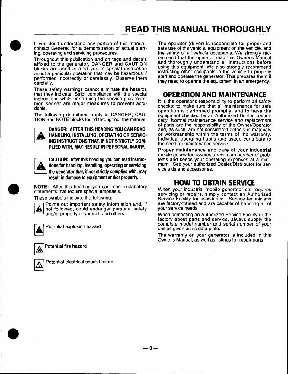 Read this manual thoroughly, Operation and maintenance, How to obtain service | GE A4021 User Manual | Page 5 / 32