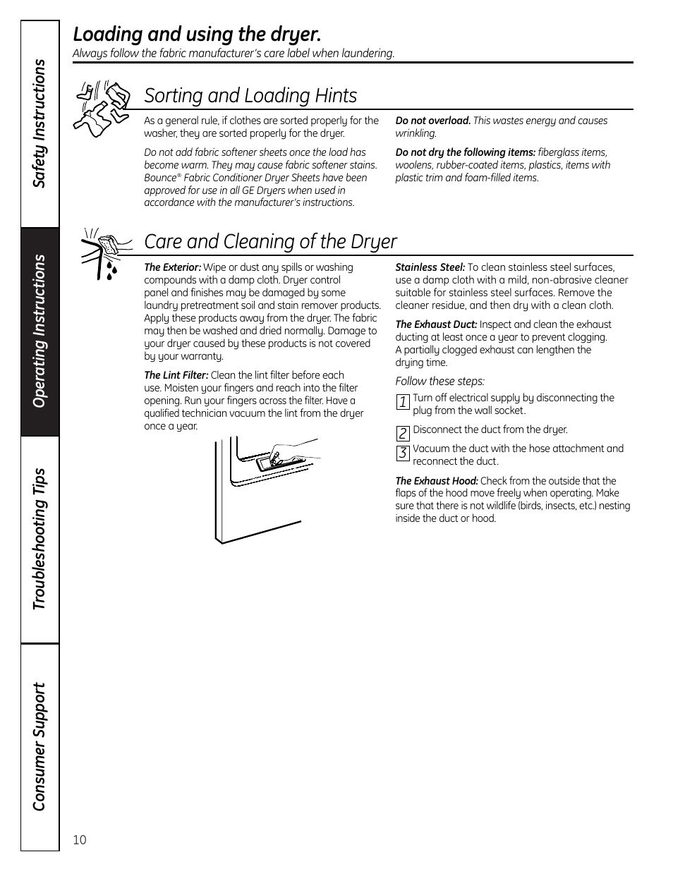 Loading and using the dryer, Loading and using the dryer –11, Sorting and loading hints | GE DLLSR33 User Manual | Page 10 / 32