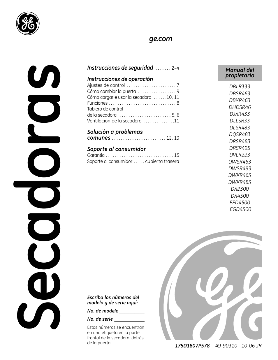 Español, Instrucciones de operación, Soporte al consumidor | Secad o ra s | GE DLLSR33 User Manual | Page 17 / 32