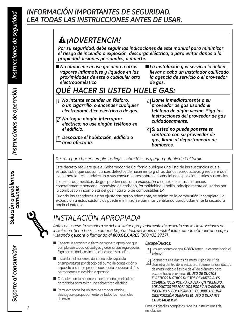 Instrucciones de seguridad, Advertencia, Qué hacer si usted huele gas | Instalación apropiada | GE DLLSR33 User Manual | Page 18 / 32