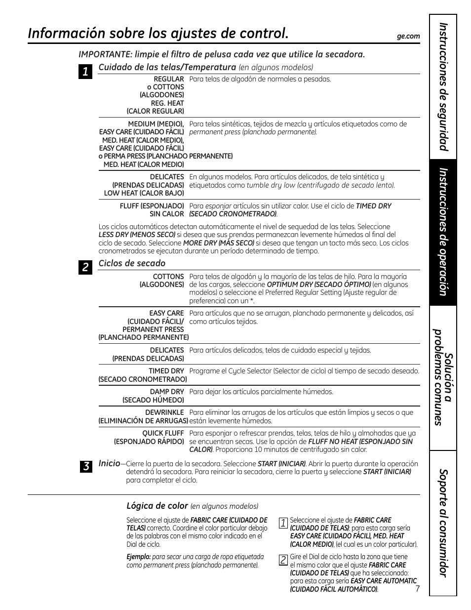 Ajustes de control, Información sobre los ajustes de control | GE DLLSR33 User Manual | Page 23 / 32