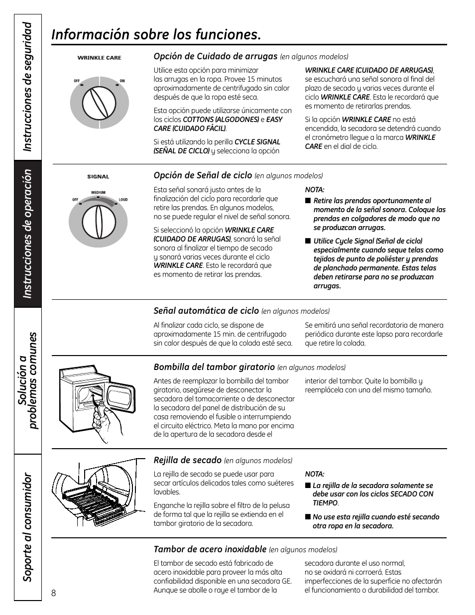 Funciones, Información sobre los funciones | GE DLLSR33 User Manual | Page 24 / 32