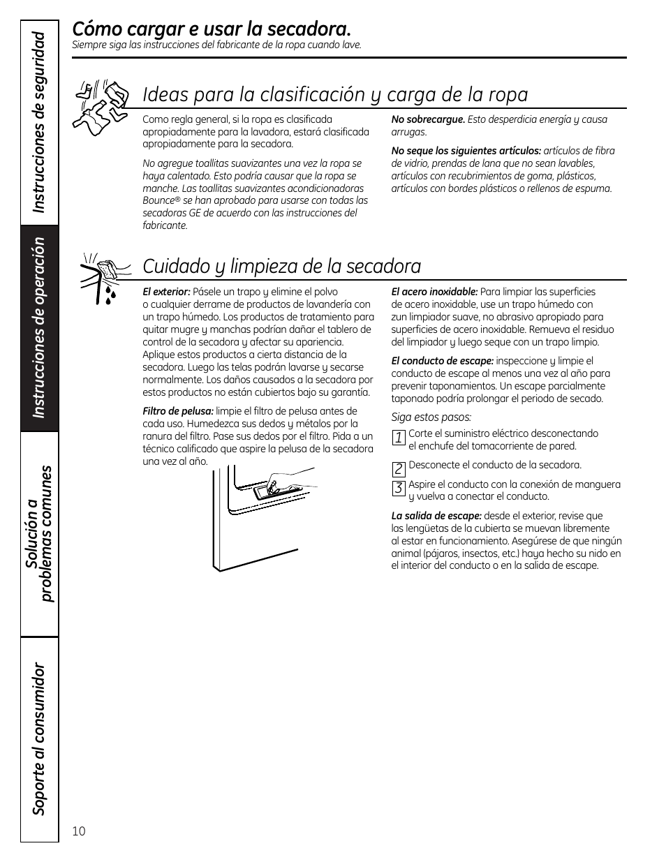 Cómo cargar e usar la secadora, Cómo cargar e usar la secadora , 11, Ideas para la clasificación y carga de la ropa | GE DLLSR33 User Manual | Page 26 / 32