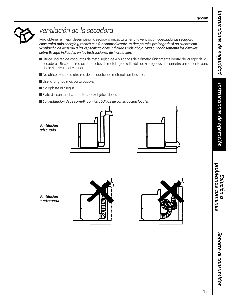 Ventilación de la secadora | GE DLLSR33 User Manual | Page 27 / 32