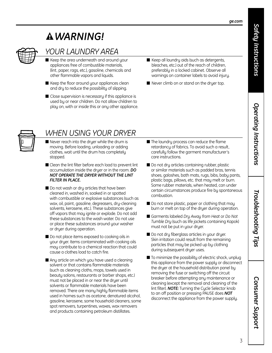 Warning, Your laundry area, When using your dryer | GE DLLSR33 User Manual | Page 3 / 32