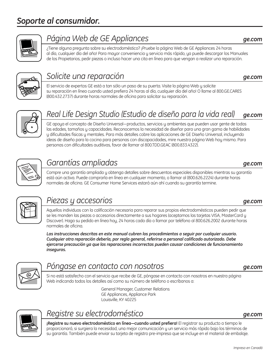 Soporte al consumidor, Soporte al consumidor . . . . . cubierta trasera, Soporte al consumidor. página web de ge appliances | Solicite una reparación, Garantías ampliadas, Piezas y accesorios, Póngase en contacto con nosotros, Registre su electrodoméstico | GE DLLSR33 User Manual | Page 32 / 32