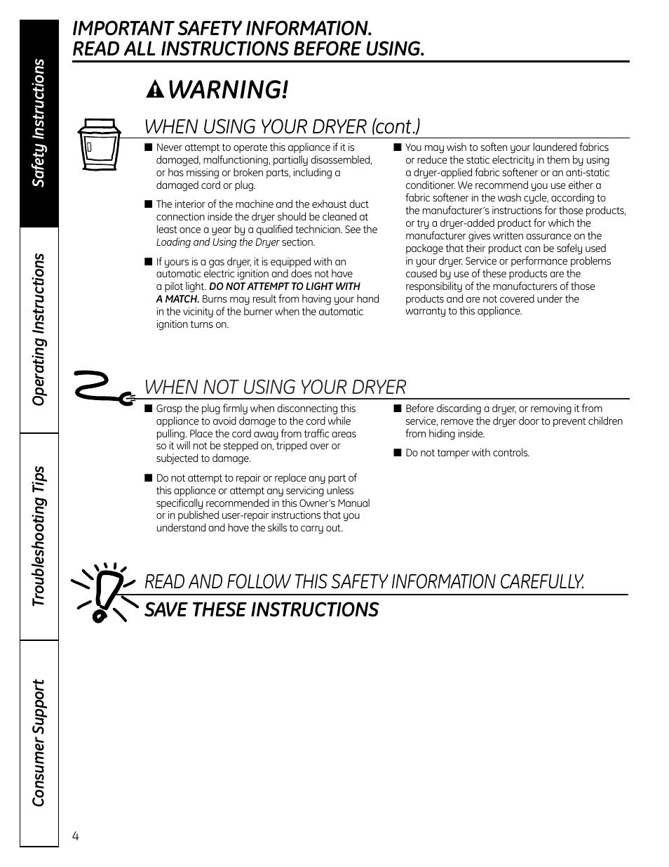 Warning, When not using your dryer, When using your dryer (cont.) | GE DLLSR33 User Manual | Page 4 / 32