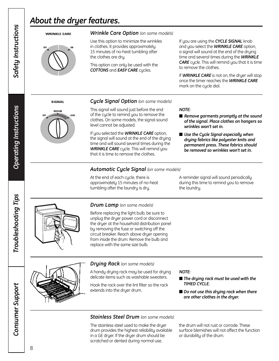 Features, About the dryer features | GE DLLSR33 User Manual | Page 8 / 32