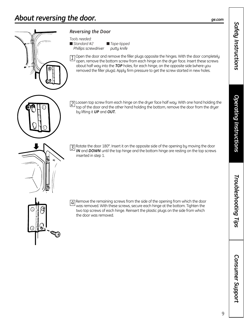 Reversing the door, About reversing the door | GE DLLSR33 User Manual | Page 9 / 32
