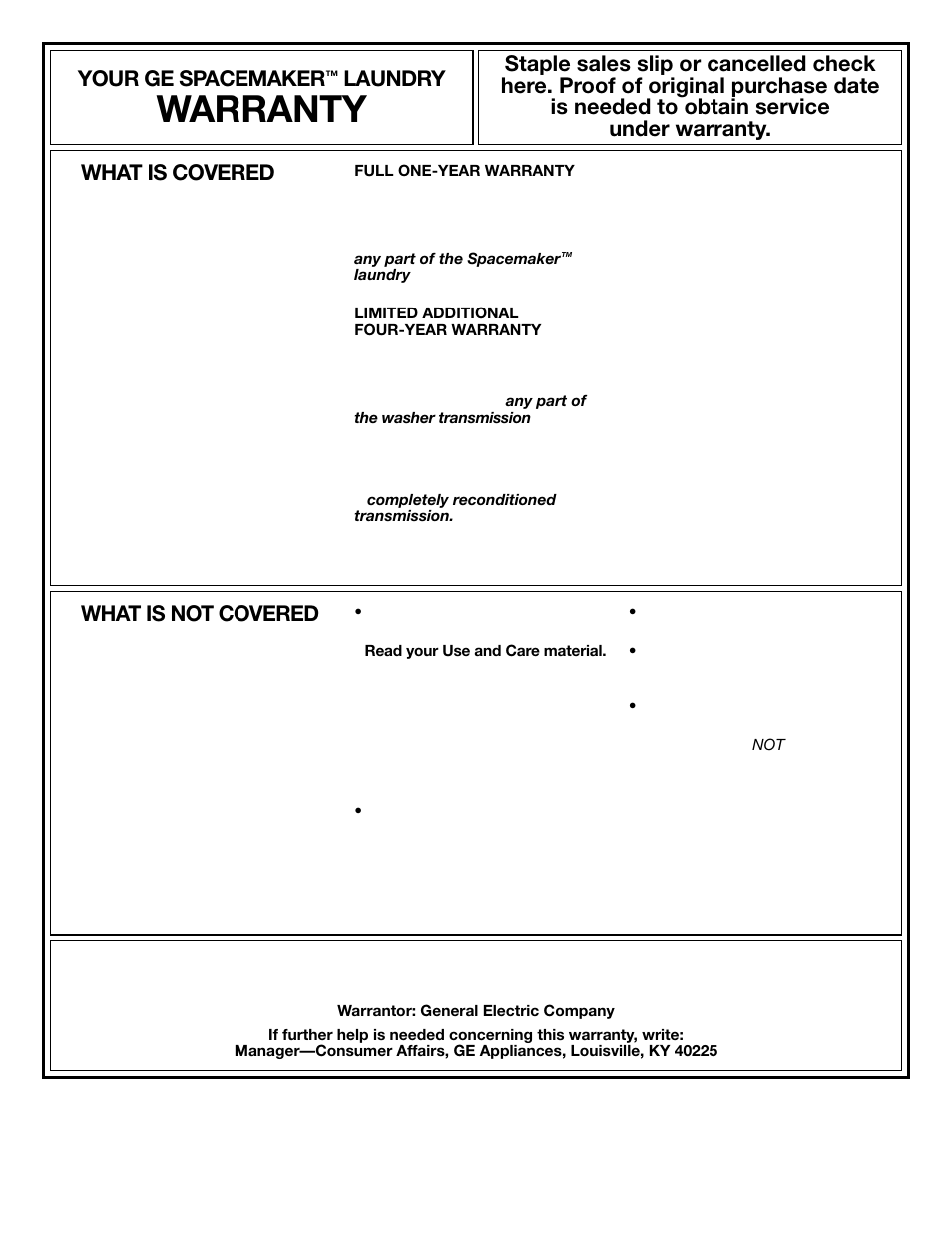 Warranty, What is covered, What is not covered | Your ge spacemaker, Laundry | GE WSM2780 User Manual | Page 24 / 24