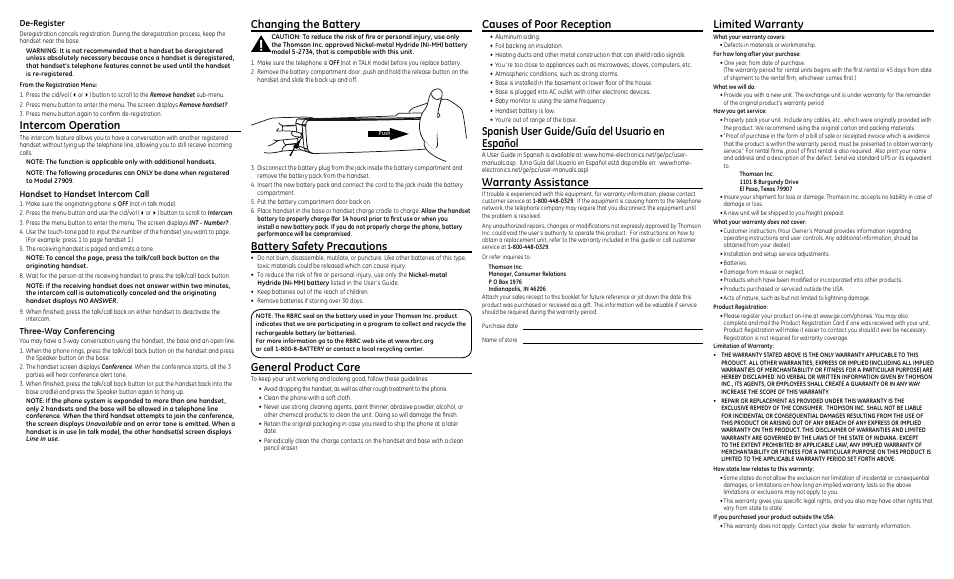 Intercom operation, Changing the battery, Battery safety precautions | General product care, Causes of poor reception, Spanish user guide/guía del usuario en español, Warranty assistance, Limited warranty, De-register, Handset to handset intercom call | GE 27911 User Manual | Page 2 / 2