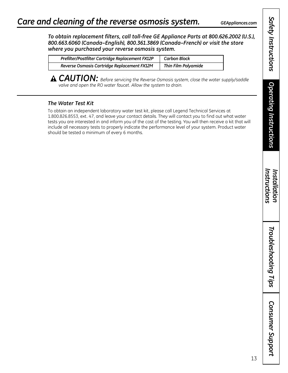 Caution, Care and cleaning of the reverse osmosis system | GE GXRM10RBL User Manual | Page 13 / 64