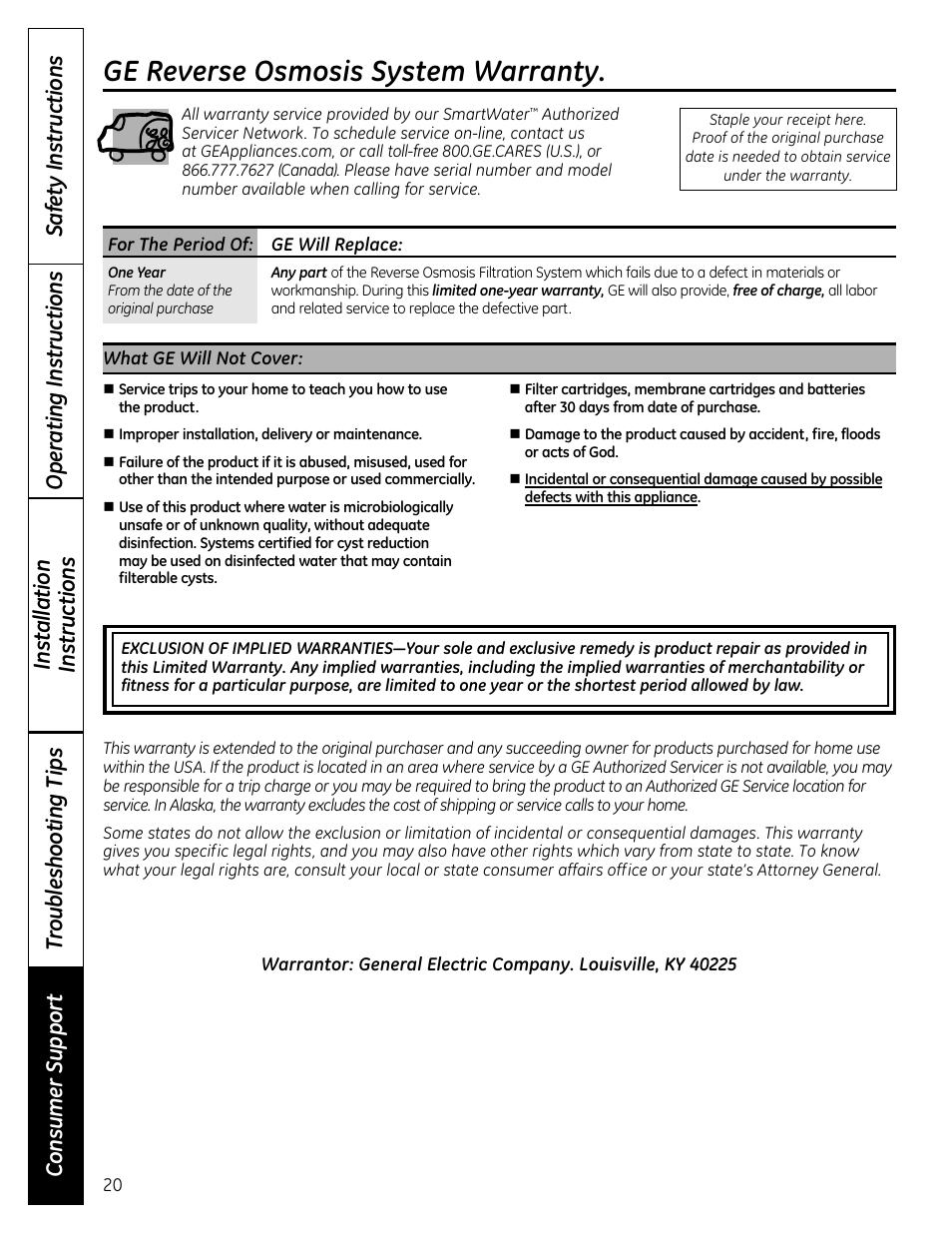 Ge reverse osmosis system warranty | GE GXRM10RBL User Manual | Page 20 / 64