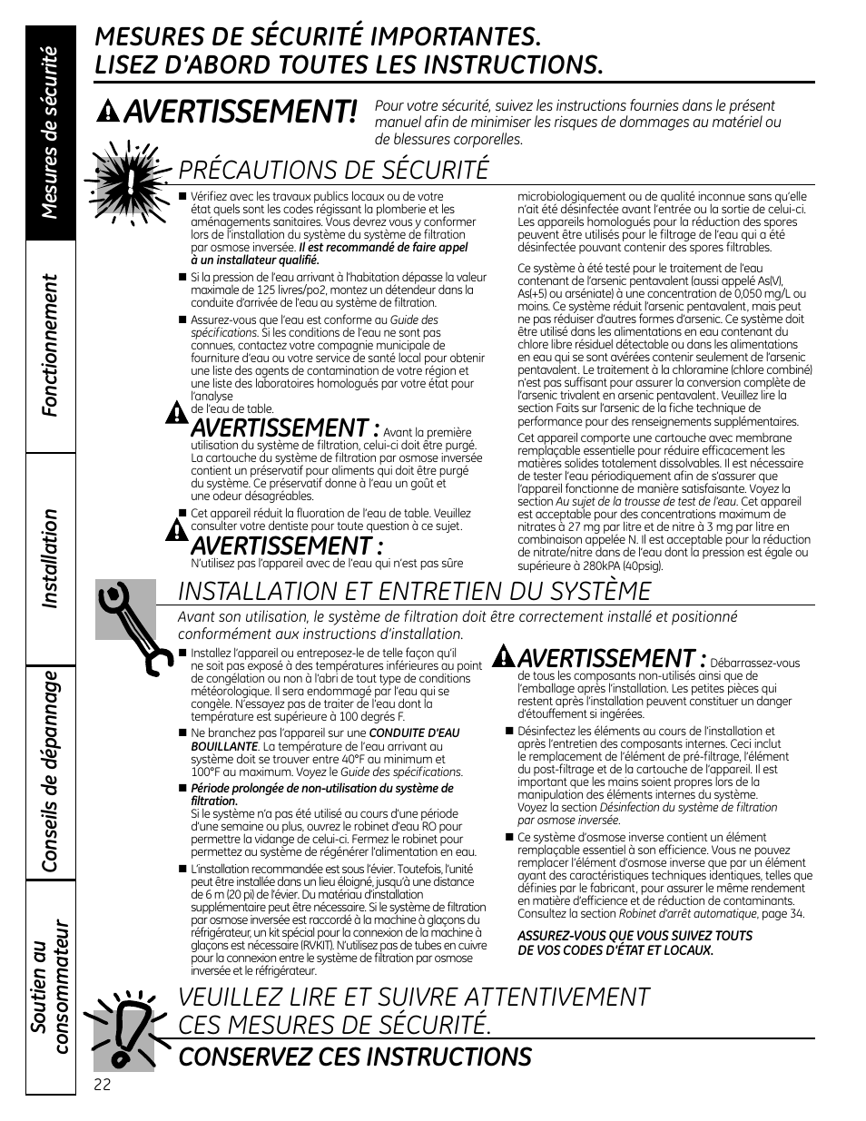 Avertissement | GE GXRM10RBL User Manual | Page 22 / 64