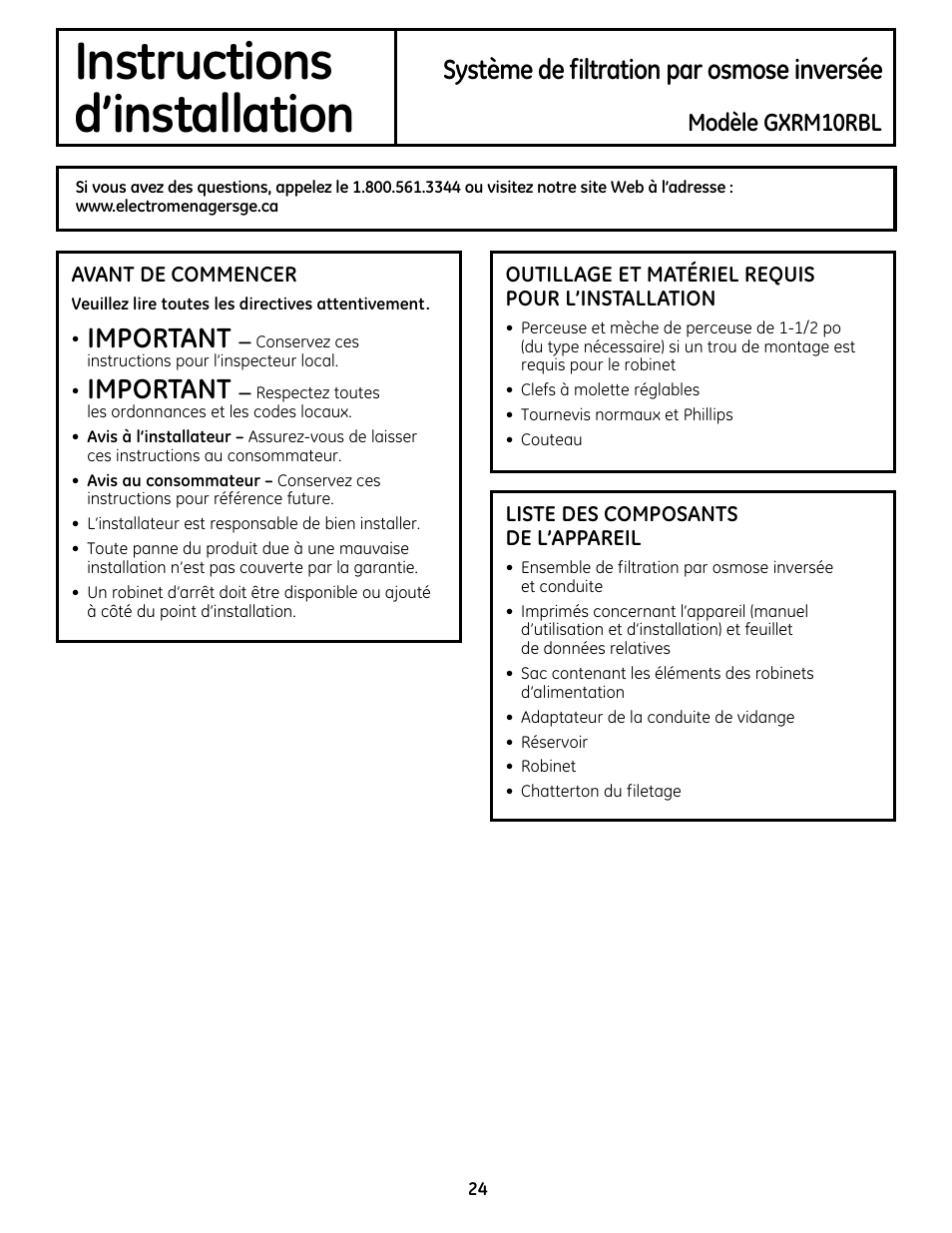 Instructions, D’installation, Système de filtration par osmose inversée | Important, Modèle gxrm10rbl | GE GXRM10RBL User Manual | Page 24 / 64