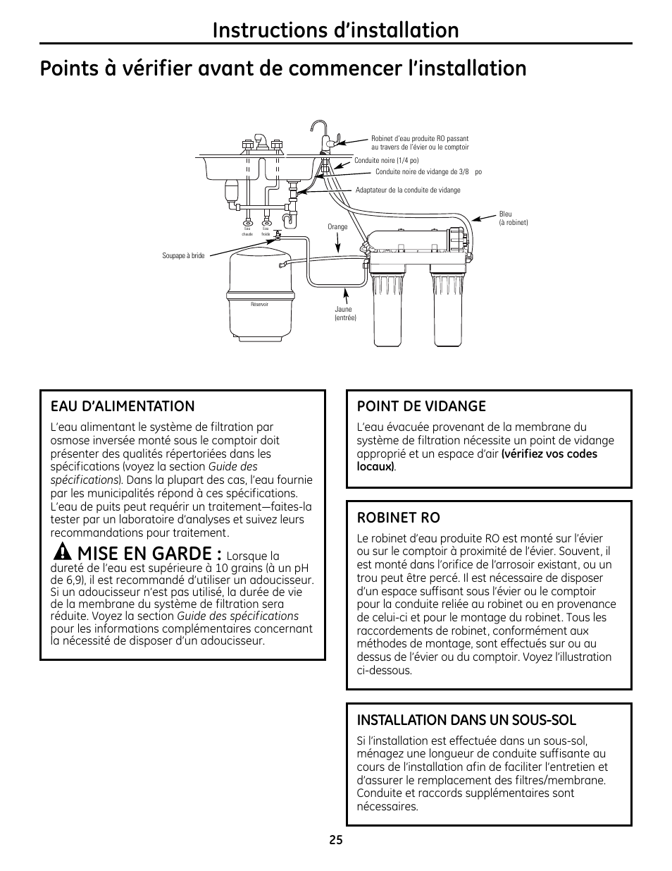 Mise en garde, Eau d’alimentation, Point de vidange | Installation dans un sous-sol, Robinet ro | GE GXRM10RBL User Manual | Page 25 / 64