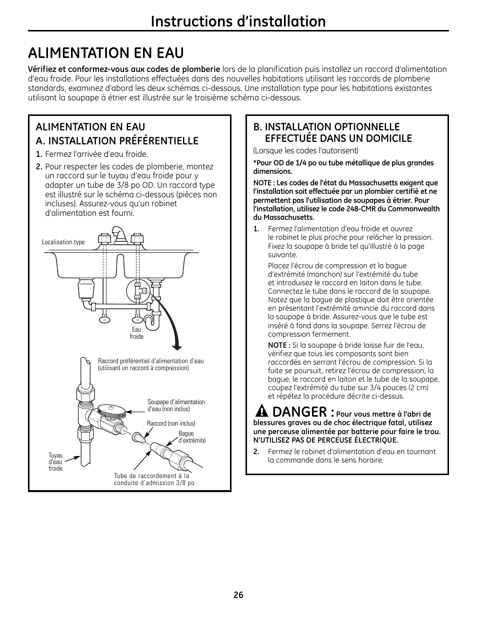 Instructions d’installation alimentation en eau, Danger, Alimentation en eau a. installation préférentielle | GE GXRM10RBL User Manual | Page 26 / 64