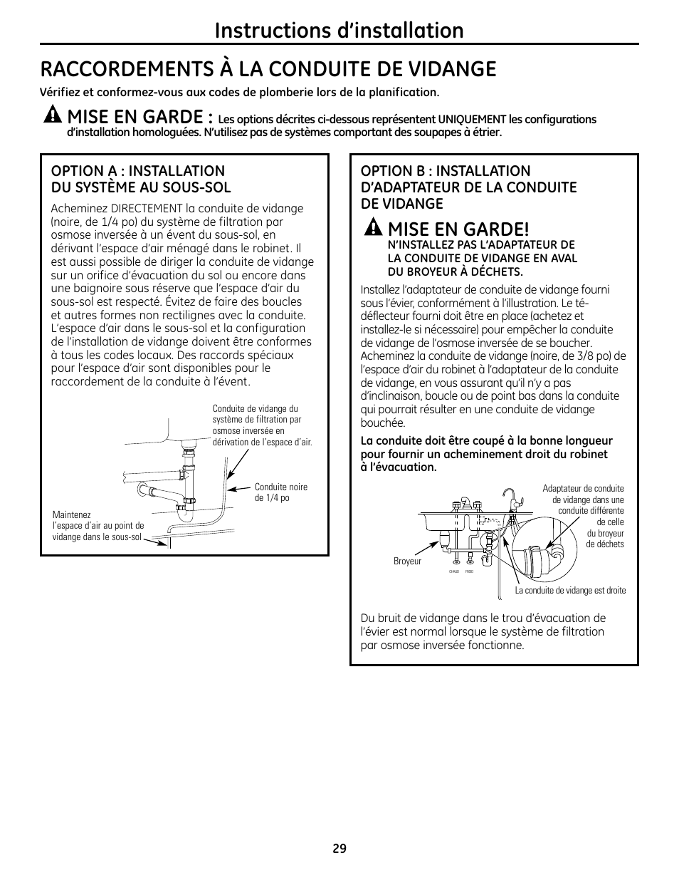 Mise en garde, Option a : installation du système au sous-sol | GE GXRM10RBL User Manual | Page 29 / 64