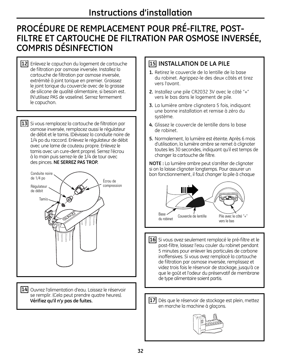 Installation de la pile | GE GXRM10RBL User Manual | Page 32 / 64