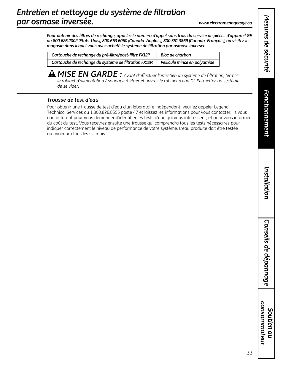 Mise en garde | GE GXRM10RBL User Manual | Page 33 / 64