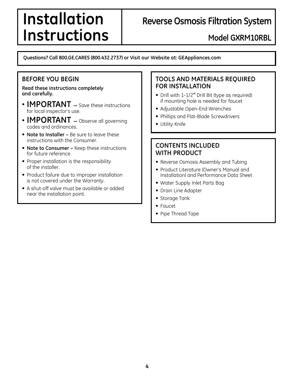 Installation, Instructions, Reverse osmosis filtration system | Model gxrm10rbl, Important | GE GXRM10RBL User Manual | Page 4 / 64