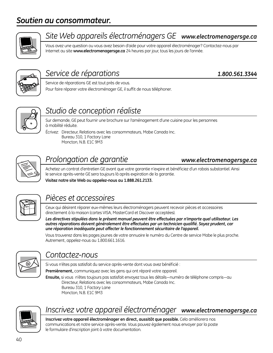 Service de réparations, Studio de conception réaliste, Prolongation de garantie | Pièces et accessoires, Contactez-nous, Inscrivez votre appareil électroménager | GE GXRM10RBL User Manual | Page 40 / 64