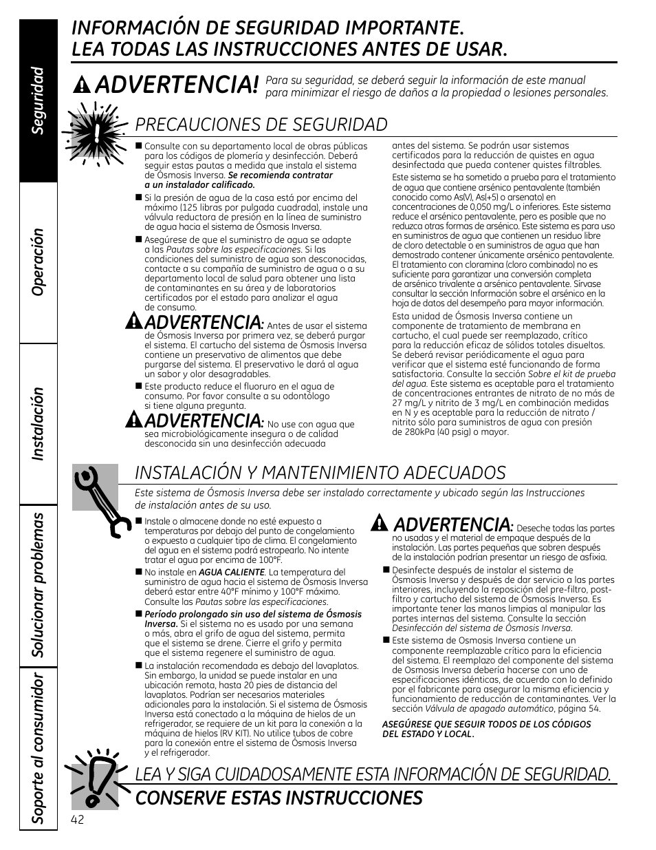 Advertencia, Conserve estas instrucciones | GE GXRM10RBL User Manual | Page 42 / 64