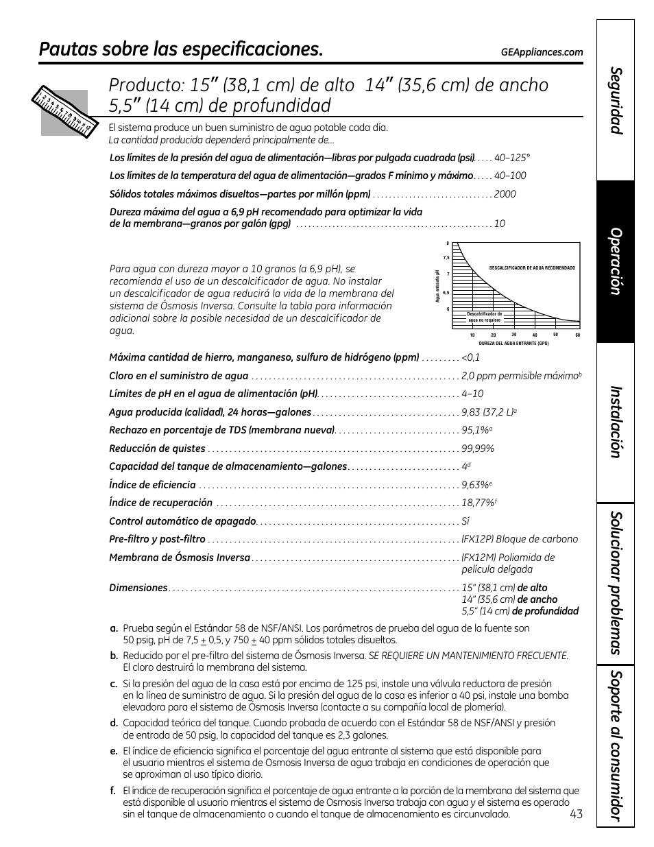 Pautas sobre las especificaciones | GE GXRM10RBL User Manual | Page 43 / 64